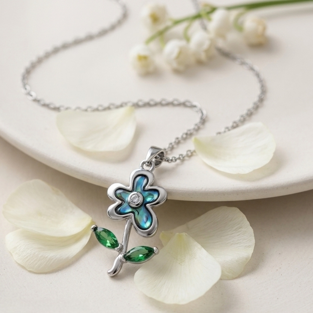 18K White Gold Plated Abalone Shell Floral Necklace Green Zirconia CZ Adjustable - Picture 6 of 15